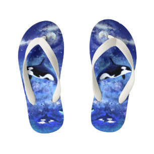 Killer Whales on Blue Full Moon Kid's Flip Flops
