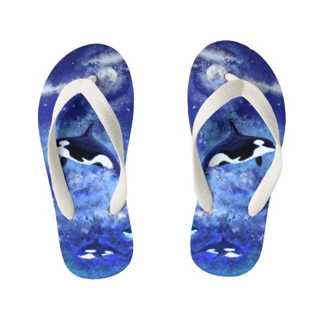 Killer Whales on Blue Full Moon Kid's Flip Flops (Footbed)