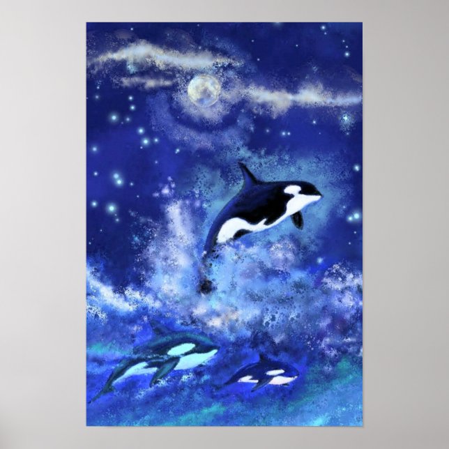 Killer Whales on Blue Full Moon Poster Painting (Front)
