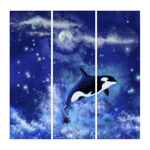 Killer Whales on Blue Full Moon Triptych