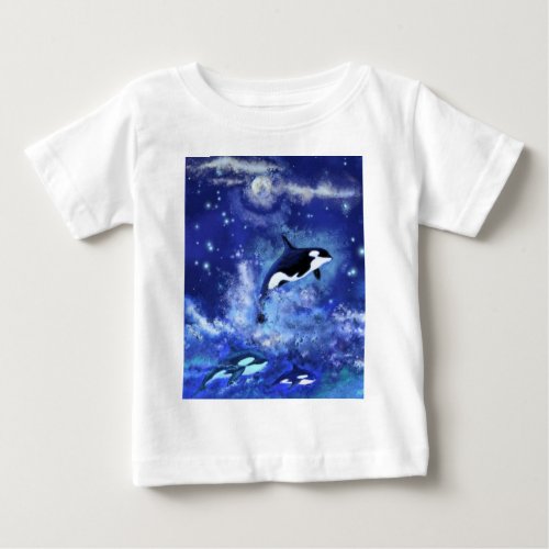 Killer Whales on Full Moon _ Art Drawing Baby T_Shirt