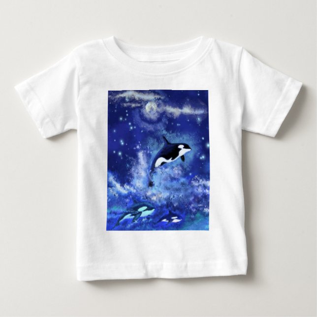 Killer Whales on Full Moon - Art Drawing Baby T-Shirt (Front)