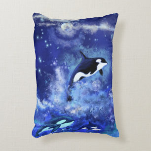 Killer Whales on Full Moon - Art Drawing - Blue Accent Pillow