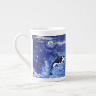 Killer Whales on Full Moon - Art Drawing - Blue Bone China Mug