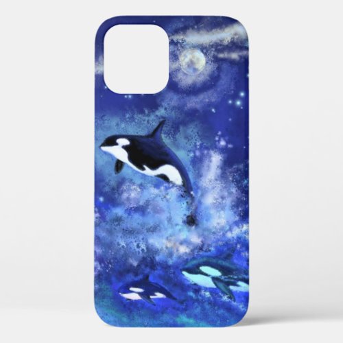 Killer Whales on Full Moon _ Art Drawing _ Blue iPhone 12 Case