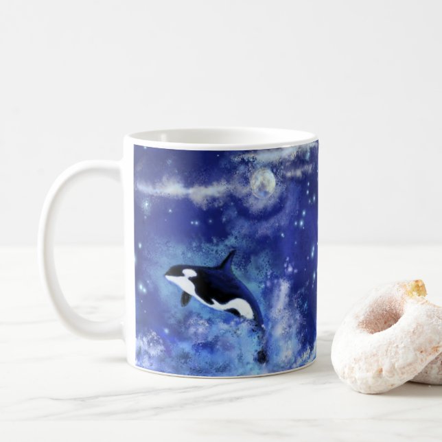 Killer Whales on Full Moon - Art Drawing - Blue Coffee Mug (With Donut)