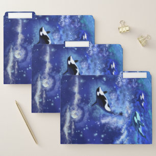 Killer Whales on Full Moon - Art Drawing - Blue File Folder