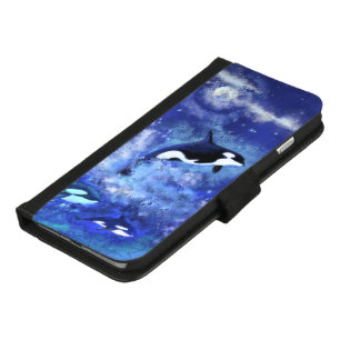 Killer Whales on Full Moon - Art Drawing - Blue iPhone 8/7 Plus Wallet Case
