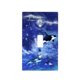 Killer Whales on Full Moon - Art Drawing - Blue Light Switch Cover