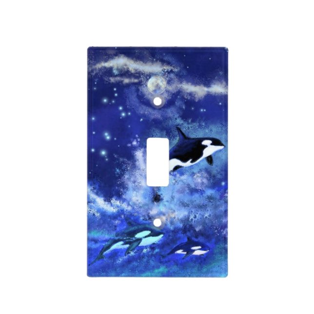 Killer Whales on Full Moon - Art Drawing - Blue Light Switch Cover (Front)