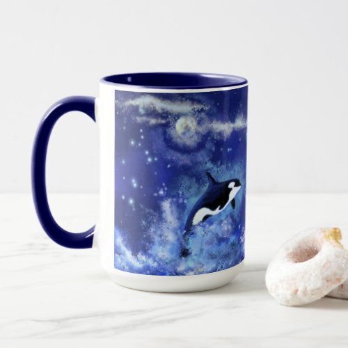 Killer Whales on Full Moon _ Art Drawing Blue Mug