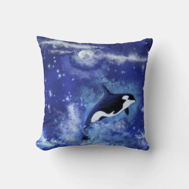 Killer Whales on Full Moon - Art Drawing - Blue Throw Pillow (Front)