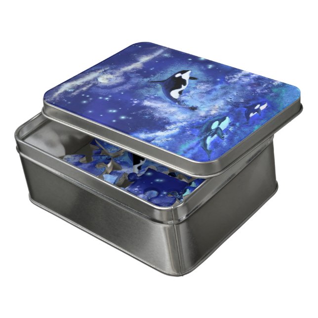 Killer Whales on Full Moon - Art Drawing Jigsaw Puzzle (Lid Open)