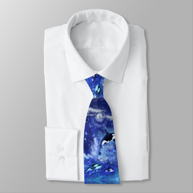Killer Whales on Full Moon - Art Drawing Neck Tie (Tied)