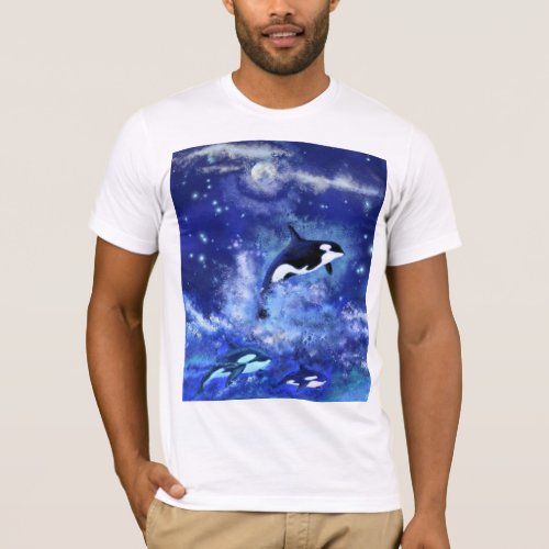 Killer Whales on Full Moon _ Art Drawing T_Shirt
