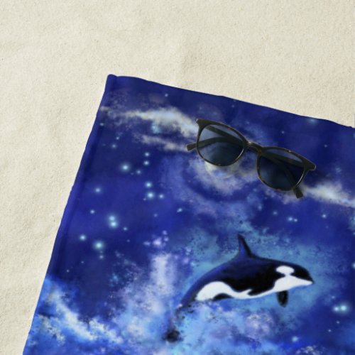 Killer Whales on Full Moon Beach Towel _ Painting