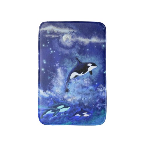 Killer Whales on Full Moon Blue Bath Mat