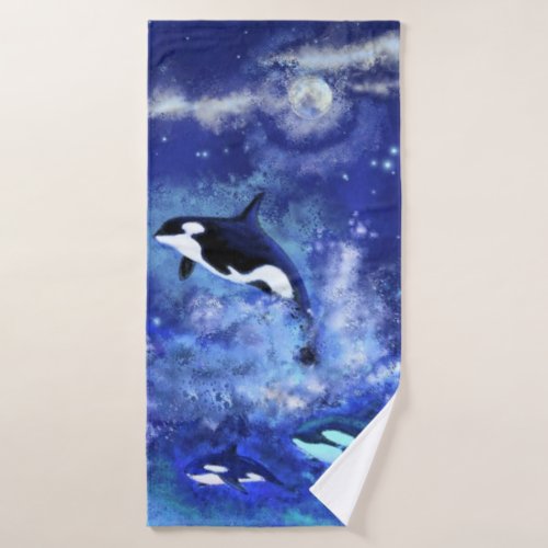 Killer Whales on Full Moon Blue Bath Towels