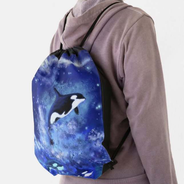 Killer Whales on Full Moon Drawstring Bag - Blue (Insitu)