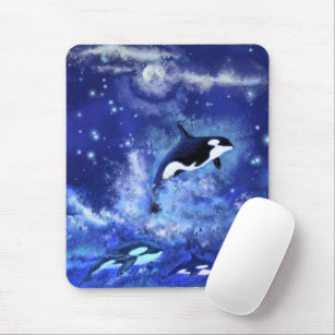 Killer Whales on Full Moon Mouse Pad - Blue