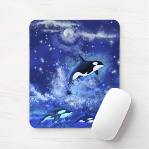 Killer Whales on Full Moon Mouse Pad _ Blue