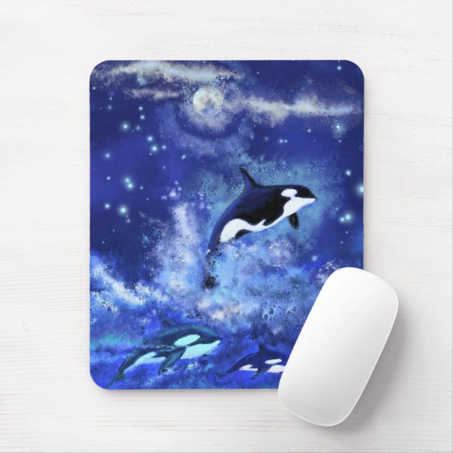 Killer Whales on Full Moon Mouse Pad - Blue (With Mouse)