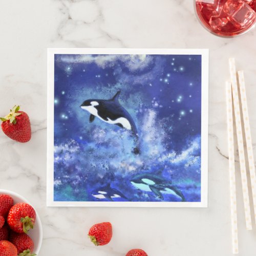 Killer Whales on Full Moon Napkins Blue Night