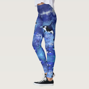Killer Whales on Full Moon Night - Drawing - Blue Leggings