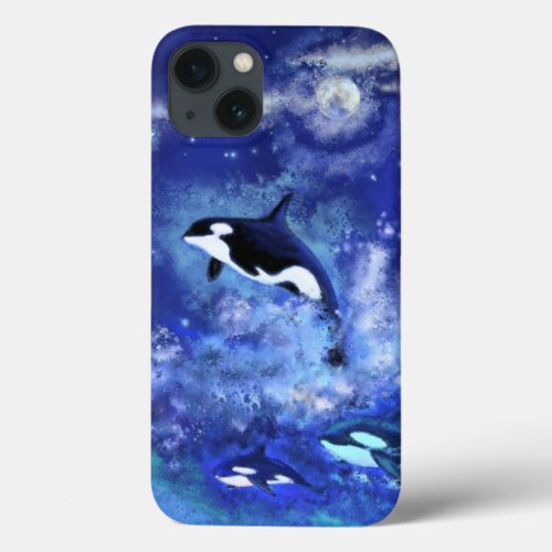 Killer Whales on Full Moon Painting Blue iPhone 13 Case
