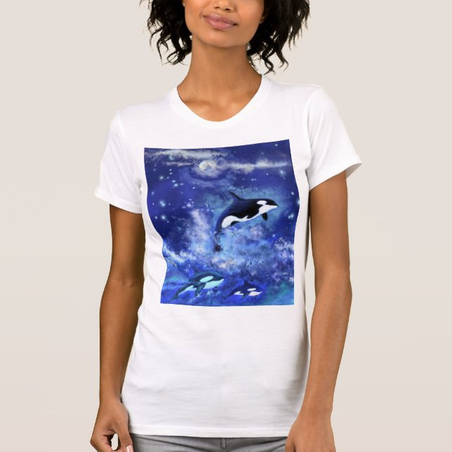 Killer Whales on Full Moon T-Shirt - Painting (Front)