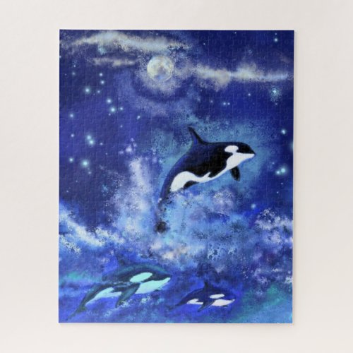 Killer Whales Swimming on Full Moon _ Drawing Art Jigsaw Puzzle