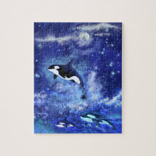 Killer Whales Swimming on Full Moon Jigsaw Puzzle