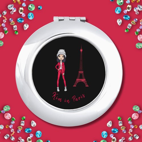 Kim in Paris Stylish Brunette Beanie Red Outfit  Compact Mirror