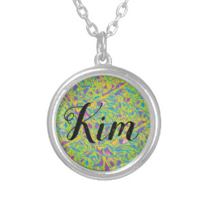 KIm name with abstract art script Silver Plated Necklace
