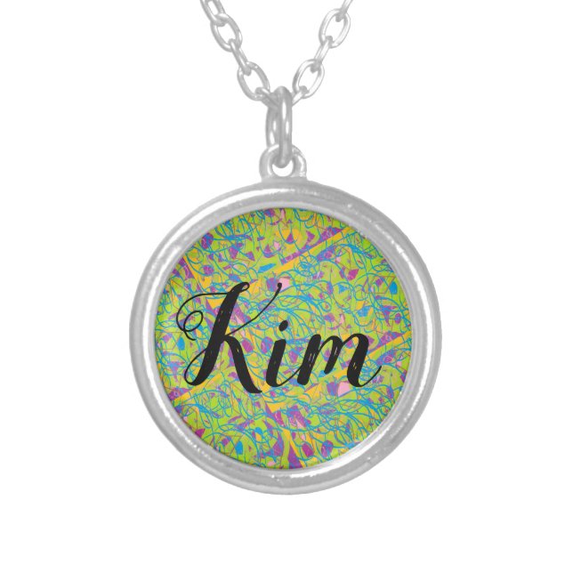 KIm name with abstract art script Silver Plated Necklace (Front)