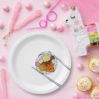 Kimbap Slice with Chopsticks – Korean Food Art Paper Plates