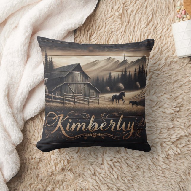 Kimberly Barn Surrounded by Horses and Mountains Throw Pillow (Blanket)
