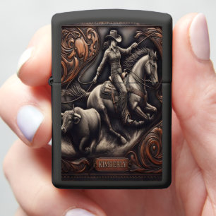 Kimberly Cowgirl Riding Horse and Bull Zippo Lighter