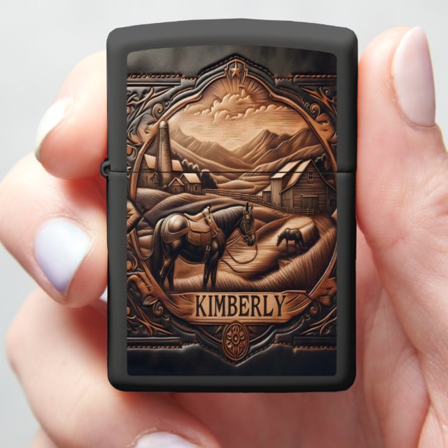 Kimberly Leather Carving of Countryside Scene Zippo Lighter (In Hand)