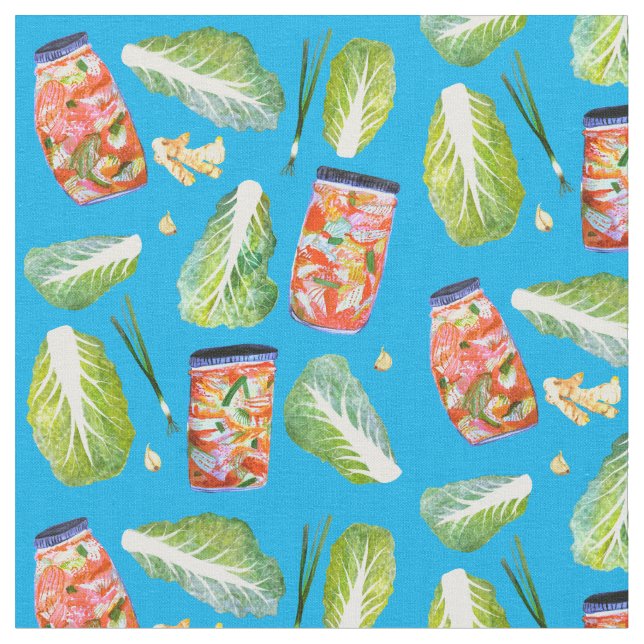 Kimchi Ingredients Watercolor Pattern Blue Fabric (Close Up)