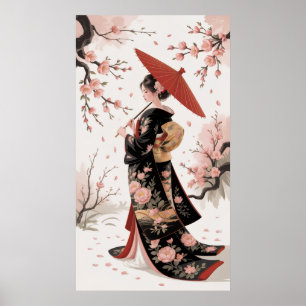 Kimono and Cherry Blossoms Poster