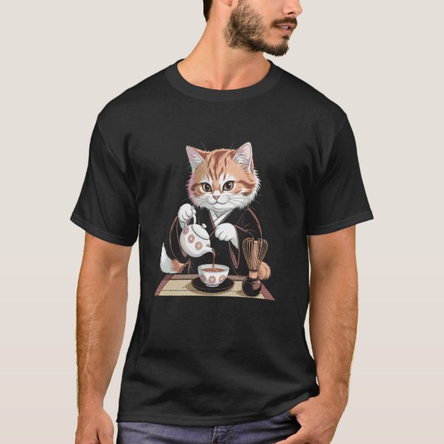 Kimono Cat Drinking Tea Woodblock Art T-Shirt (Front)