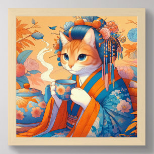 Kimono Cat Geisha Having Tea Japanese Orange Blue Poster