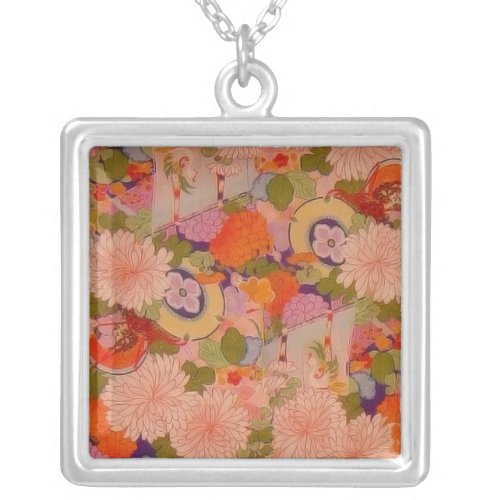 Kimono Flower Pink Floral Pattern Silver Plated Necklace