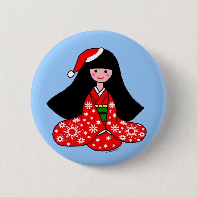 Kimono Girl Christmas Cartoon Illustration Button (Front)