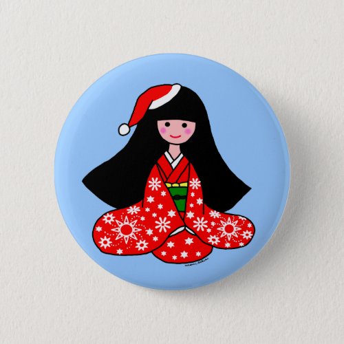 Kimono Girl Christmas Cartoon Illustration Button