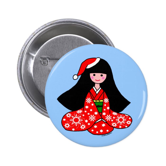 Kimono Girl Christmas Cartoon Illustration Buttons