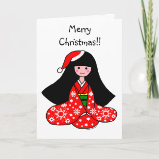 Kimono Girl Christmas Cartoon Illustration Holiday Card