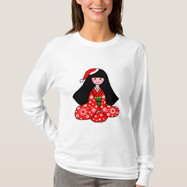 Kimono Girl Christmas Cartoon Illustration T-Shirt (Front)