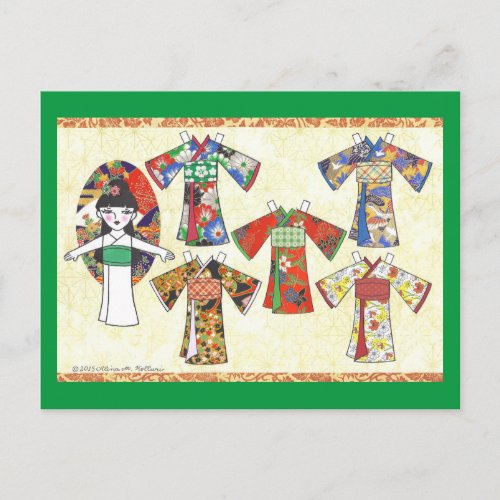 Kimono Girl Kokeshi Paper Doll Postcard